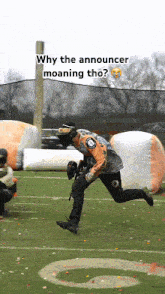 a man playing paintball on a field with the caption " why the announcer moaning tho " above him