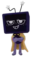 a cartoon character with a purple head and a yellow cape .