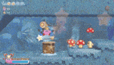 a cartoon character is holding a hammer in a circle with mushrooms in the background