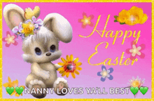 a happy easter card with a bunny holding flowers