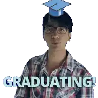 a man in a plaid shirt has a graduation cap on his head and the words graduating below him
