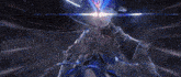 a woman in a blue dress is being attacked by a sword .