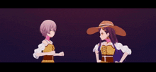 a couple of anime characters standing next to each other with chinese characters behind them