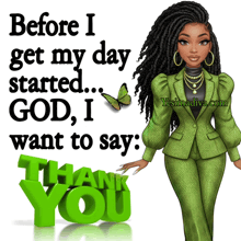 a woman in a green suit is standing next to a thank you sign