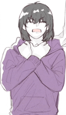 a drawing of a person in a purple hoodie with their hands on their chest