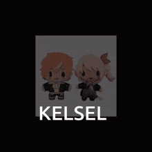 a boy and a girl are standing next to each other and the word kelsel is on the bottom right