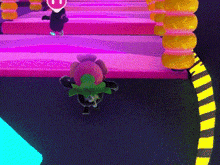 a video game character is standing on a pink and purple platform .