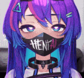 a girl with purple hair is wearing a mask with hentai written on it