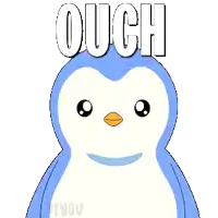 a penguin with red boxing gloves and the word ouch on it
