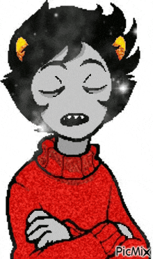 a pixel art drawing of a troll girl wearing a red sweater with her eyes closed .