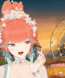 a girl with flowers in her hair is standing in front of a ferris wheel that says liebkuche