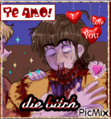 a picture of a man with blood on his face and the words die bitch on it