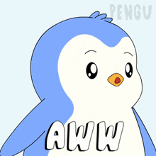 a blue and white penguin with the word aww on its chest