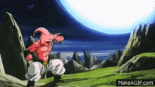 a cartoon character is standing in a field in front of a large blue ball .