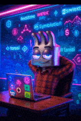 a cartoon character is sitting at a desk using a laptop with stickers on it