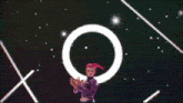 a person in a purple suit is standing in a circle with their hands in the air