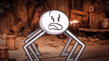 a cartoon character with a sad face is standing in front of a pile of boxes