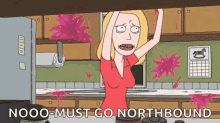 a woman in a red shirt is standing in a kitchen with pink liquid coming out of the cabinets .
