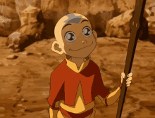 a cartoon character is smiling while holding a pole