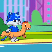 a cartoon of a cat holding an inflatable dinosaur float