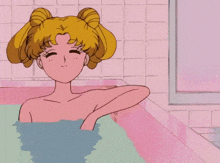 a cartoon girl is taking a bath in a pink tub