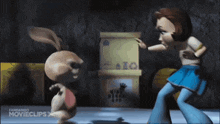 a cartoon of a girl fighting a stuffed rabbit with the words fandango movieclips written on the bottom