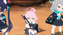 a girl in a school uniform is holding a gun in her hand