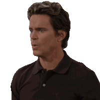 a man wearing a black polo shirt is making a funny face