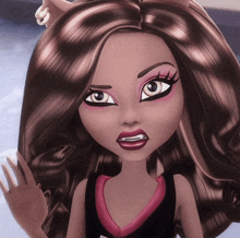 a close up of a monster high doll with brown hair and pink lips