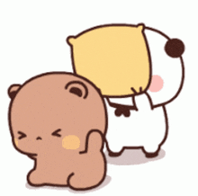 two cartoon bears are standing next to each other and one is holding a yellow pillow .