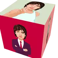 a cube with a man in a white tank top and a man in a suit and tie on it