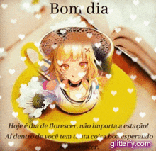 a picture of a girl in a teacup with the words bom dia on it