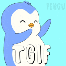 a blue and white penguin with the word tgif written on its chest