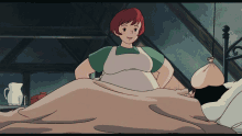 a woman with red hair is standing next to a bed with a bag on it