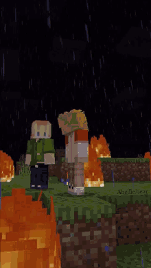 a couple of minecraft characters standing next to each other on a block