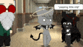 a cartoon character with a halo on his head is talking to another character in a hallway