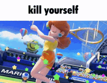a cartoon of daisy holding a tennis racquet with the words kill yourself written above her