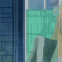 a man with long blonde hair and a cane is running in a dark room