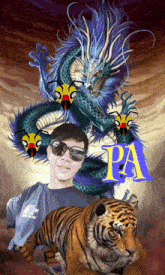 a man wearing sunglasses stands in front of a painting of a dragon and a tiger with the letter pa above him
