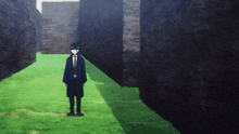 a man in a suit and tie stands in a maze of grass