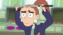 a cartoon of a woman holding a long stick over her head