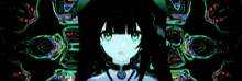 a colorful drawing of a girl with red eyes and a red head