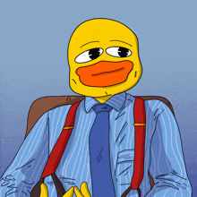 a cartoon drawing of a yellow duck wearing suspenders and a blue striped shirt