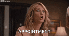 a woman with a surprised look on her face is talking to a man and says `` appointment '' .