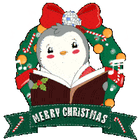 a penguin is reading a book in a christmas wreath with merry christmas written on a ribbon