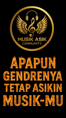 a logo for musik asik community with a treble clef and headphones
