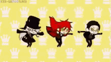a group of anime characters are standing upside down on a yellow background .