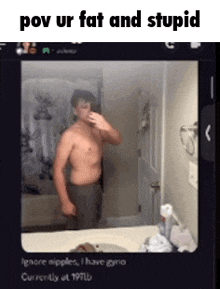 a shirtless man is taking a selfie in front of a bathroom mirror .