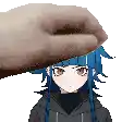 a hand is holding a girl 's head in a pixel art style .