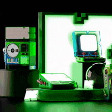 a green item with the word nintendo on it sits on a table